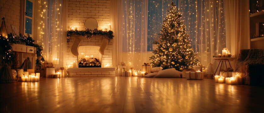 Cozy Christmas Eve scene with glowing lights, presents, and a decorated tree creating a magical holiday atmosphere and inviting warmth for family gatherings