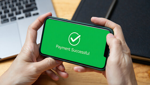 Payment completed successfully on mobile device held by hands, a perfect shot for finance, technology, or small business concepts with modern appeal