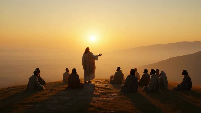 Golden sunrise on a hill with a robed teacher speaking to seated followers, misty valley view, quiet assembly on a cliff, sermon at sunrise, contemplative gathering in ancient pastoral dawn