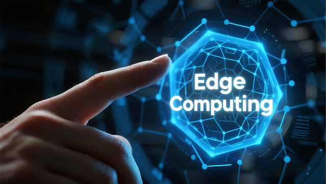 Tap into the future of edge computing with this modern technology interface showing powerful network connections and a finger pressing to activate the system