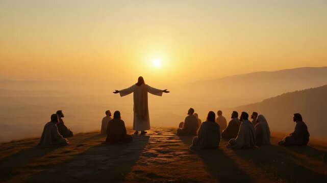 Jesus teaching disciples at sunrise on mountain, biblical scene, Christian faith, New Testament moment, spiritual gathering, religious symbolism
