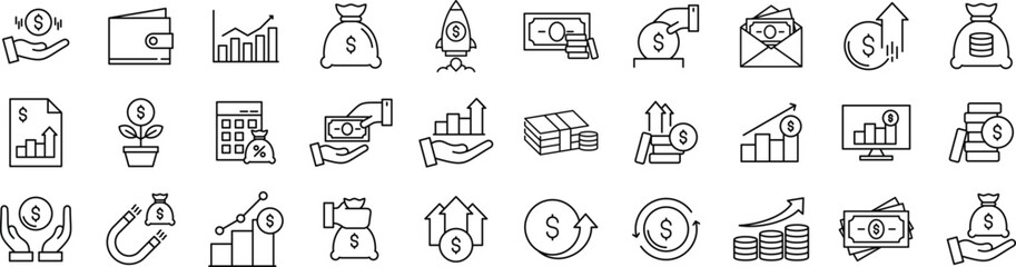 Finance and Profit Line icon set – Business, Money, Investment, Growth, Market, and Management line icon pack