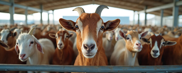Herd of goats in modern farm pen. Goats are standing behind metal fence. Brown and white goats looking at camera. Farm animals in barn with metal roof and pillars.