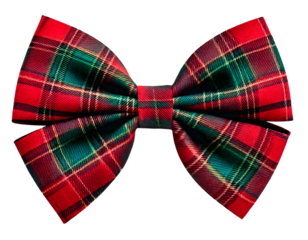 Red and green tartan plaid bow tie accessory, isolated on a transparent background