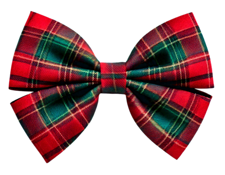 Red and green tartan plaid bow tie accessory, isolated on a transparent background
