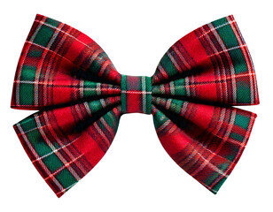 Red and green tartan plaid bow tie accessory, isolated on a transparent background
