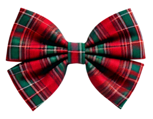 Red and green tartan plaid bow tie accessory, isolated on a transparent background