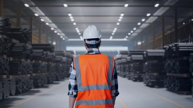 Back of Asian Male Engineer Walking at Warehouse Storage of Rolled Steel Metal Bars, Rods or Billets