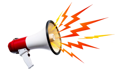  Red and white megaphone emitting red and yellow lightning bolt sound waves, isolated on a wh 