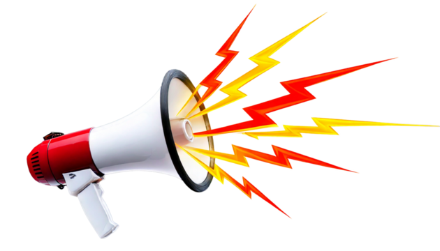  Red and white megaphone emitting red and yellow lightning bolt sound waves, isolated on a wh 