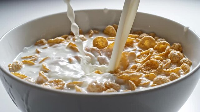 Milk being poured into a bowl of golden corn flakes creating a splash in a white bowl against a bright background ready for a delicious and nutritious breakfast meal experience