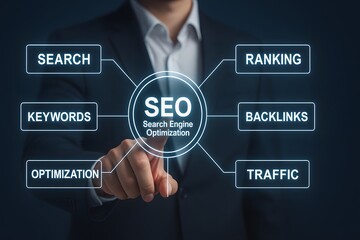 Executive pointing to seo circle connecting search keywords ranking backlinks traffic