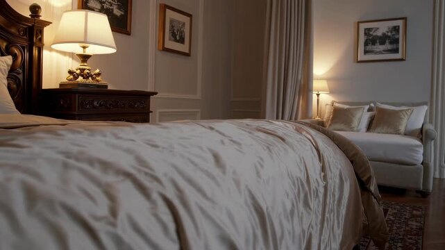 Elegant bedroom ambiance featuring soft lighting, cream bedding, classic decor, carved wood and ornate headboards, wooden furniture, and cozy