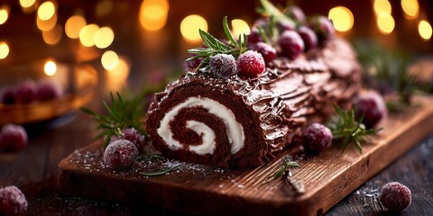 Chocolate yule log with buttercream spirals, sugared cranberries and rosemary shines under warm holiday lights. A festive dessert loved in France, Belgium, and Switzerland.