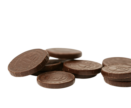 A Delightful Assortment of Chocolate Coins Piled Together isolated on transparent background , Perfect for Celebrations and Sweet Treats - Powered by Adobe