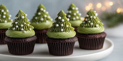 Dark chocolate cupcakes topped with matcha frosting piped as tiny Christmas trees, decorated with small sugar pearls as ornaments, radiate festive joy.