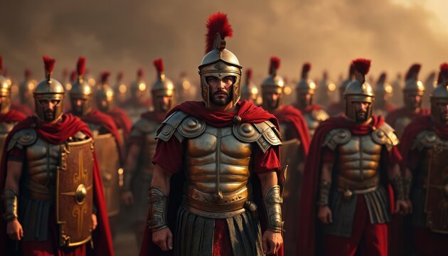 Roman legionnaires stand ready in formation. Soldiers with helmets, armor prepare for combat. Ancient warriors represent historic power. Roma military might shown. AI image presents old empire army.