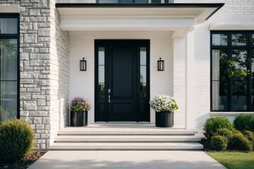 Fototapeta premium Contemporary residence entrance featuring contrasting black door and light stone facade