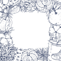 A Christmas wreath with pine branches, pine cones, tangerines, cotton candy, cookies, candle and berries. A hand-drawn line illustration. Square template with a frame for text and greetings.