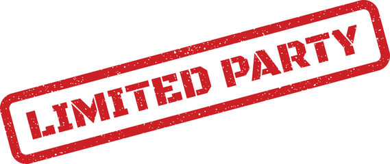 Distressed red rubber stamp displaying LIMITED PARTY text with an aged appearance, ideal for private events and exclusive social gatherings