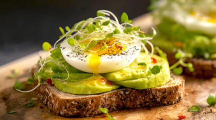 Avocado toast with poached egg and sprouts on wood