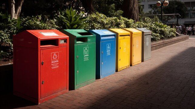 Colorful Recycling Bins in an Urban Setting Promoting Sustainability and Environmental Awareness with Lush Greenery in the Background