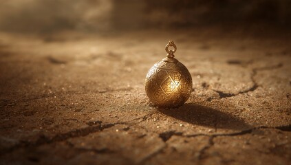 Antique golden orb with intricate etchings on cracked earth surface