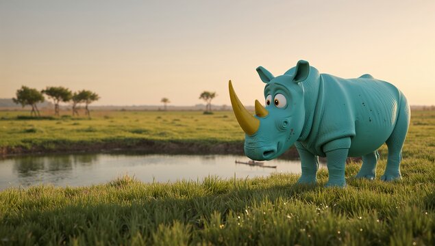 Playful Cartoon Rhino Near Waterbody in Open Grassland Setting