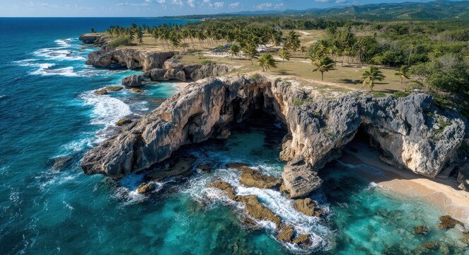 Breathtaking Aerial Perspective of Cueva Del Indio: A Spectacular Rock Formation Overlooking the Blue Waters of Hatillo, Puerto Rico
