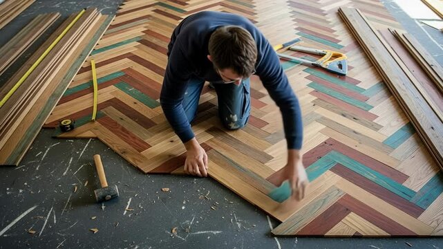 Master craftsman installs multi-colored parquet flooring in skilled technique