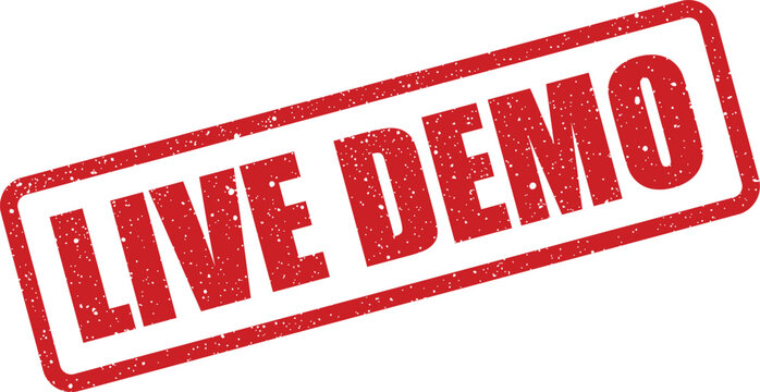 Distressed red rubber stamp impression with LIVE DEMO text, prominently featured for product demonstrations and showcases