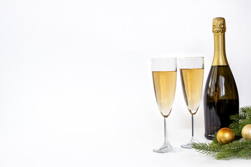 Christmas decoration flat lay with bottle of champagne, top view