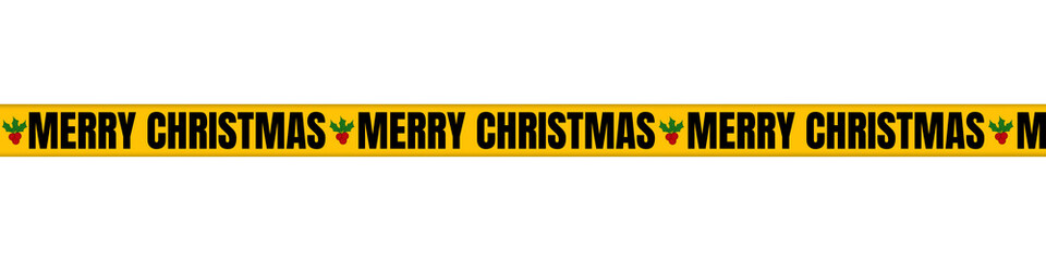Yellow Caution Tape with Bold Black “Merry Christmas” Text – Festive Holiday Banner with Holly Berry Icons on Transparent Background
