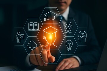 Professional pointing to graduation hub with education skills and learning icons