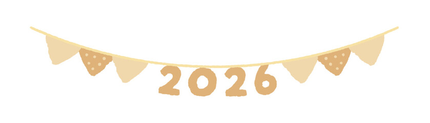 2026の文字と三角形のフラッグ - 手描きのかわいい2026年のデザイン用デコレーションガーランド