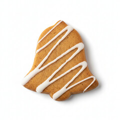 Single gingerbread bell cookie with white icing drizzle