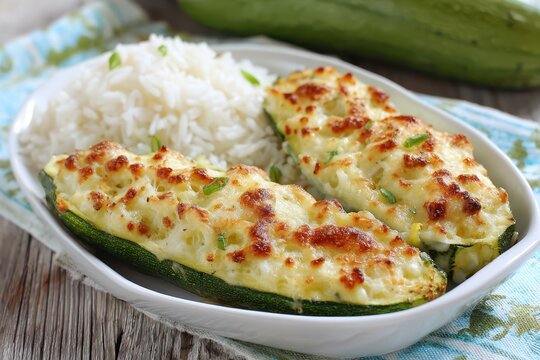 Creative Zucchine Ripiene: Stuffed Courgettes with Rice on a White Plate