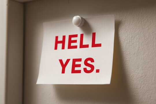 Bold 'Hell Yes' Message on Clear Paper Sign in Red, Ideal for Business Door Concept