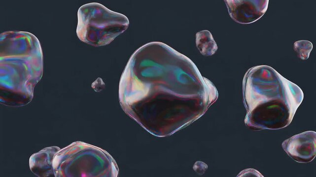 Dynamic abstract background featuring iridescent liquid blobs with metallic reflections, creating a futuristic and mesmerizing visual concept perfect for modern design