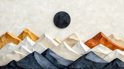 Abstract geometric mountain range with a black circle representing the sun or moon against a textured, light-colored background. The mountains are depicted in l