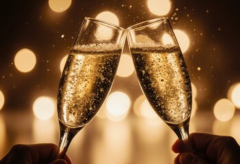 Two champagne flutes clinking in celebration with bubbly golden fizz and warm bokeh lights