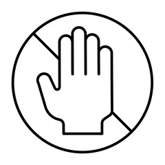 No symbol with hand, palm thin line icon, touch prohibition concept, touching is forbidden, do not entry sign on white background, outline style for mobile web design. Vector graphics.