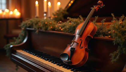 Violin rests on piano keys, illuminated by warm candlelight. Festive garland adorns grand piano. Romantic music ambiance with classical string instrument and festive decorations.