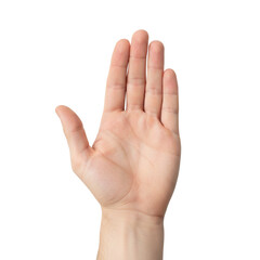 Male hand showing stop gesture with open palm facing out