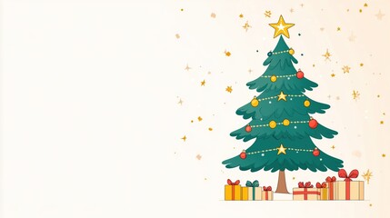 Naklejka premium Symmetrical Christmas Tree with Gifts on Beige Background, Cute Cartoon Flat Illustration with Golden Stars and Colorful Decorations, Minimalist Vector Design