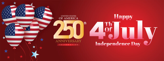 Red themed USA 250th anniversary and 4th of July combined banner for patriotic celebration events