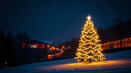 A magical Christmas night background with a glowing Christmas tree under a starry sky, gentle snow falling, and warm lights