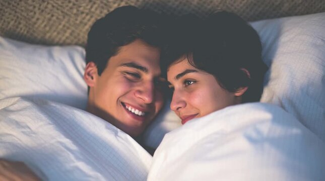 Young lovers in bed: a girl teasing and tickling her boyfriend as she wants experiments in bed