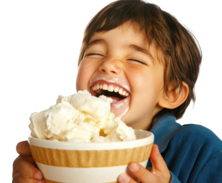 Joyful Child Indulging in a Large Bowl of Creamy Ice Cream, Delightfully Enjoying Every Bit of Sweetness with a Beaming Smile isolated on transparent background 