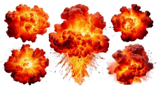 set of fiery explosion busting isolated on white background 